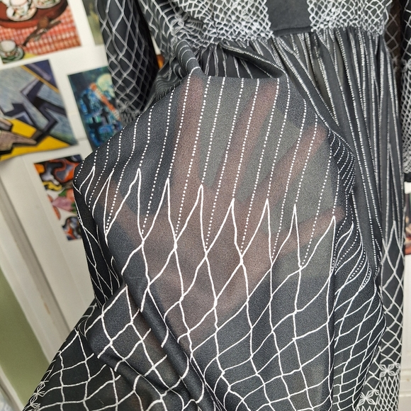 Vintage 70s Sheer Floral Striped Long Sleeve Dress Sz Medium Large Black White - Picture 5 of 7